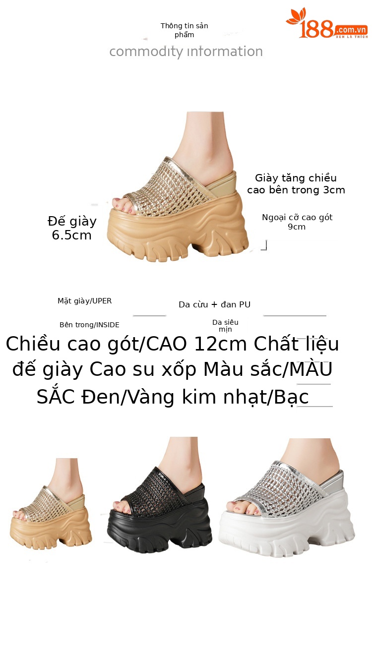 Dép lê đế xuồng dệt rỗng thoáng khí tăng chiều cao 12cm cho nữ, đế xốp dày dáng nhỏ — Màu đen, Màu vàng nhạt, Màu bạc chi tiết 3
