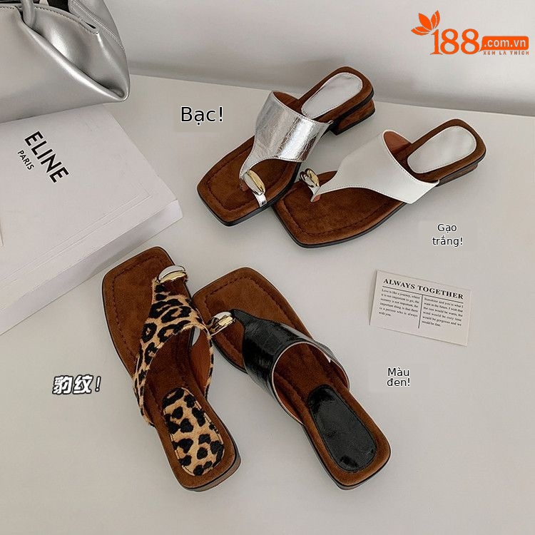 Dép xỏ ngón nữ họa tiết da báo retro khóa kim loại đế bệt — màu be, in da báo, đen, bạc chi tiết 17