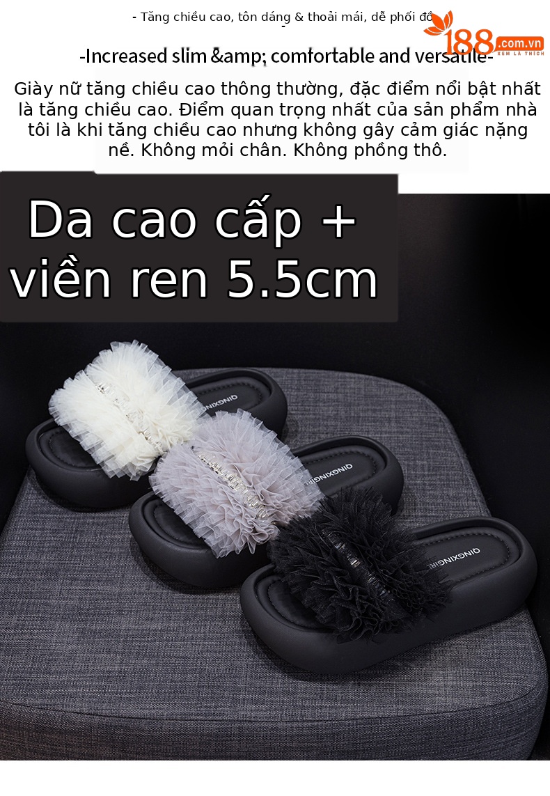 Dép lê nữ đế dày vải lưới viền ren đính đá quai chữ V — M2888 màu đen, M2888 màu be, M2888 màu xám chi tiết 2