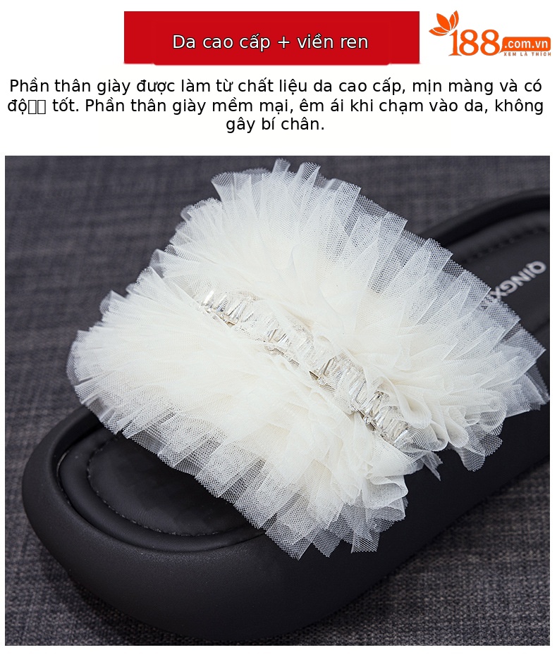 Dép lê nữ đế dày vải lưới viền ren đính đá quai chữ V — M2888 màu đen, M2888 màu be, M2888 màu xám chi tiết 7