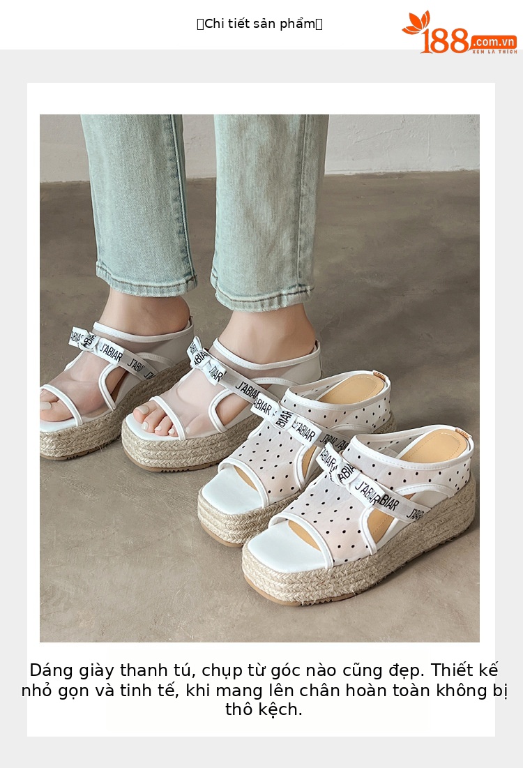 Sandal hở mũi nữ đế xuồng lưới chấm bi gót độn cao 2025 — Chấm bi trắng, Màu trắng chi tiết 3