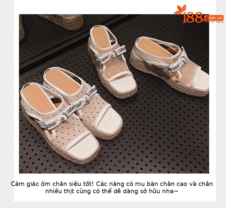 Sandal hở mũi nữ đế xuồng lưới chấm bi gót độn cao 2025 — Chấm bi trắng, Màu trắng chi tiết 4