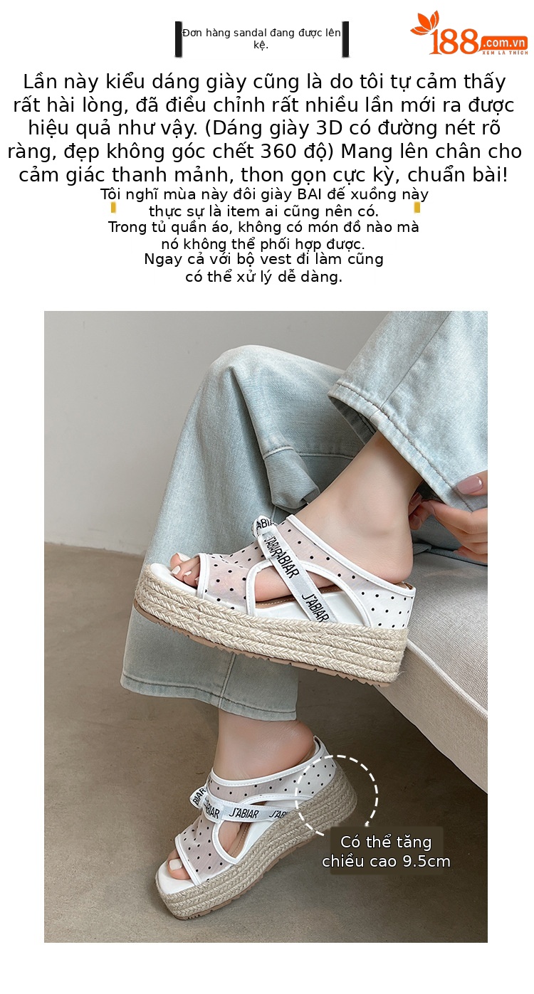 Sandal hở mũi nữ đế xuồng lưới chấm bi gót độn cao 2025 — Chấm bi trắng, Màu trắng chi tiết 2