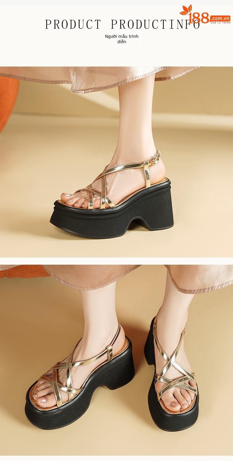 Sandal La Mã dây chéo đế xuồng da thật hở mũi gót cao 9 cm — Màu vàng, Màu bạc chi tiết 2