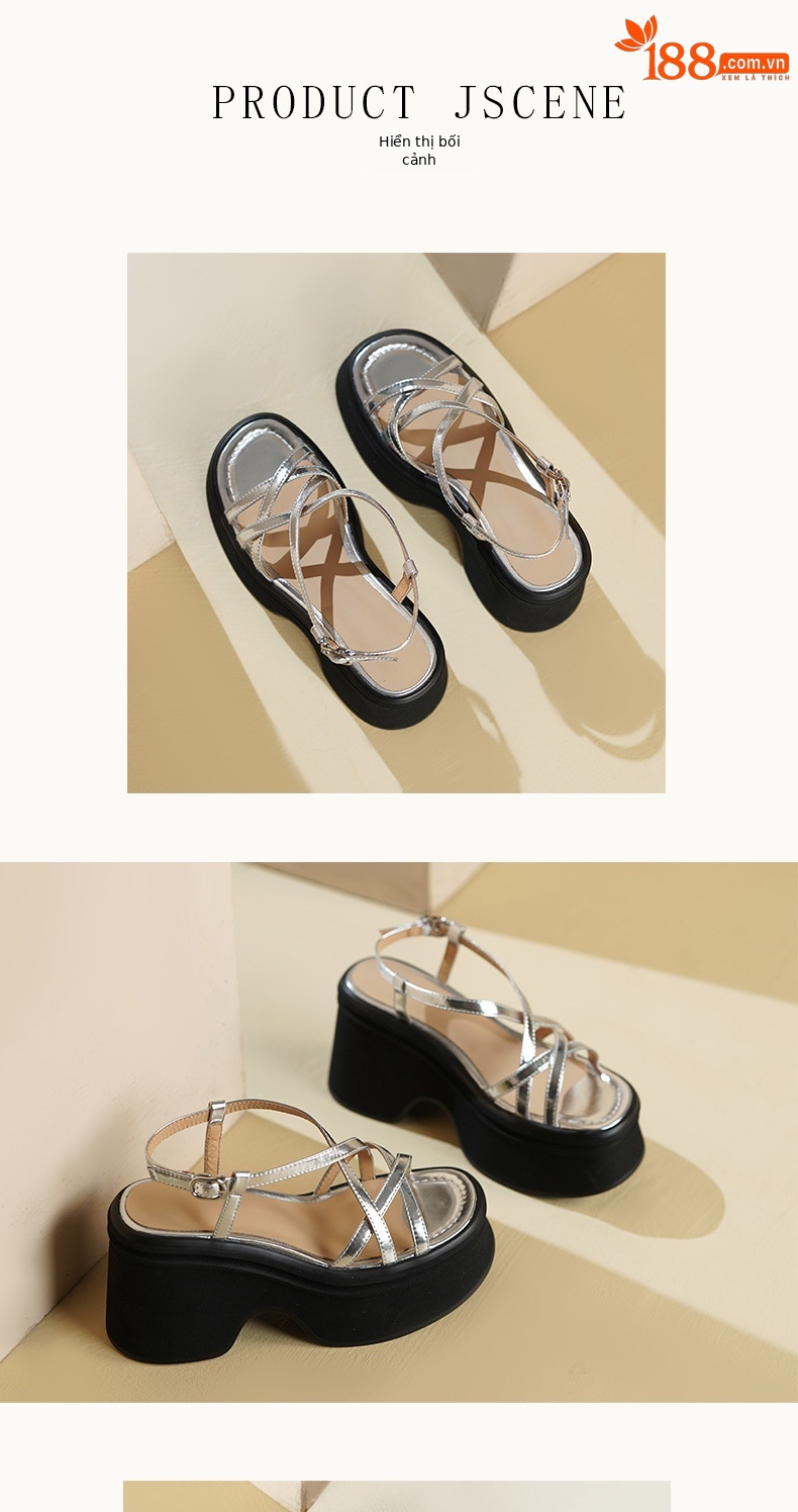Sandal La Mã dây chéo đế xuồng da thật hở mũi gót cao 9 cm — Màu vàng, Màu bạc chi tiết 5