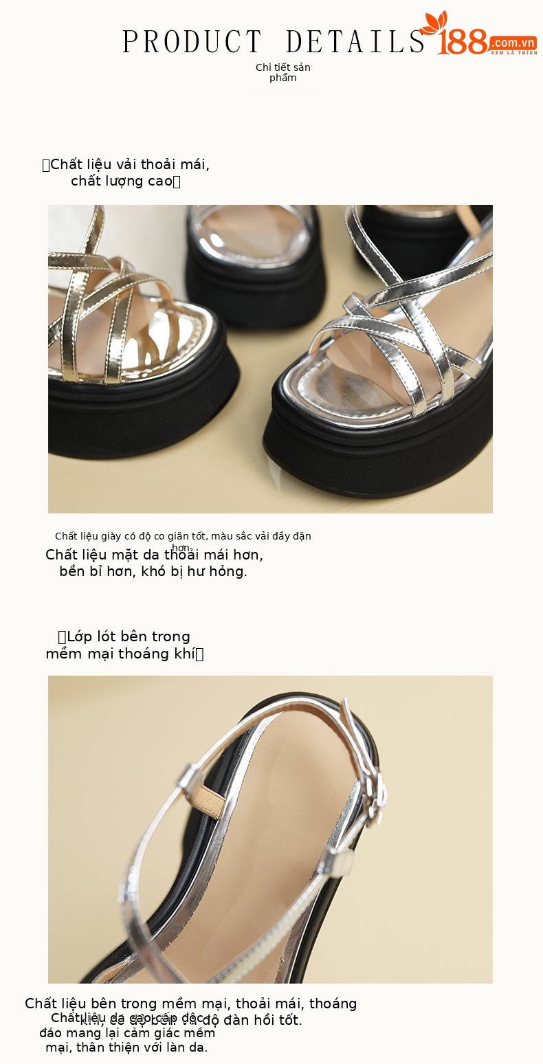 Sandal La Mã dây chéo đế xuồng da thật hở mũi gót cao 9 cm — Màu vàng, Màu bạc chi tiết 7