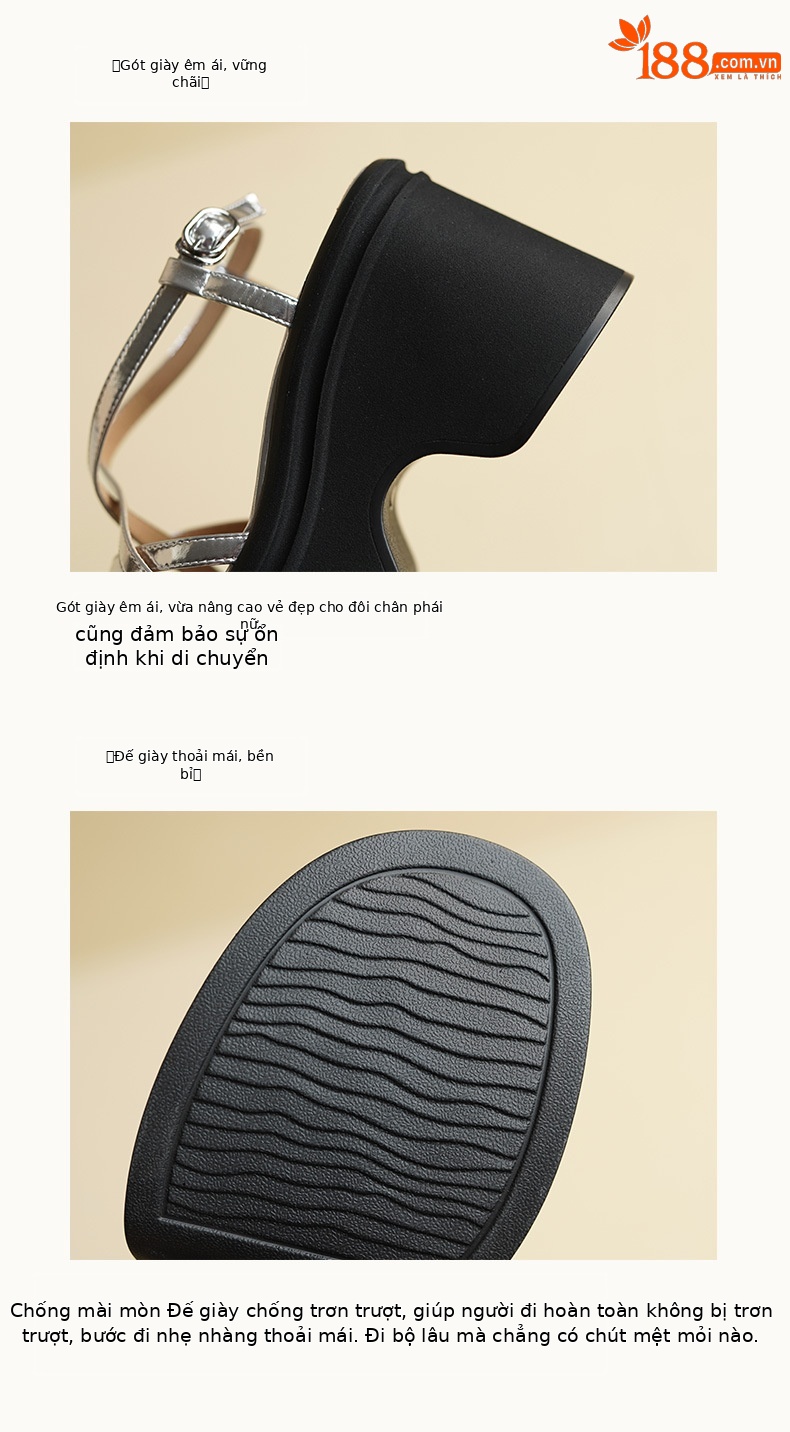 Sandal La Mã dây chéo đế xuồng da thật hở mũi gót cao 9 cm — Màu vàng, Màu bạc chi tiết 8