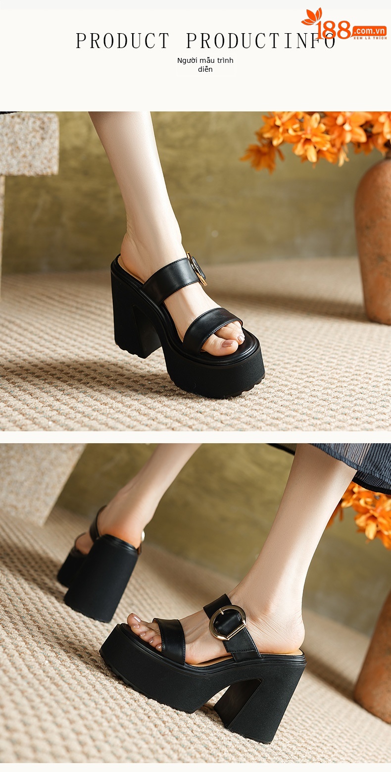 Sandal cao gót nữ da thật 13cm đế dày hở mũi quai ngang gót thô — Màu đen, Màu mơ chi tiết 2