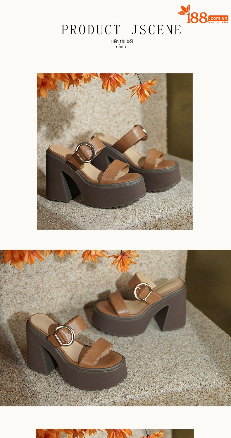 Sandal cao gót nữ da thật 13cm đế dày hở mũi quai ngang gót thô — Màu đen, Màu mơ chi tiết 5