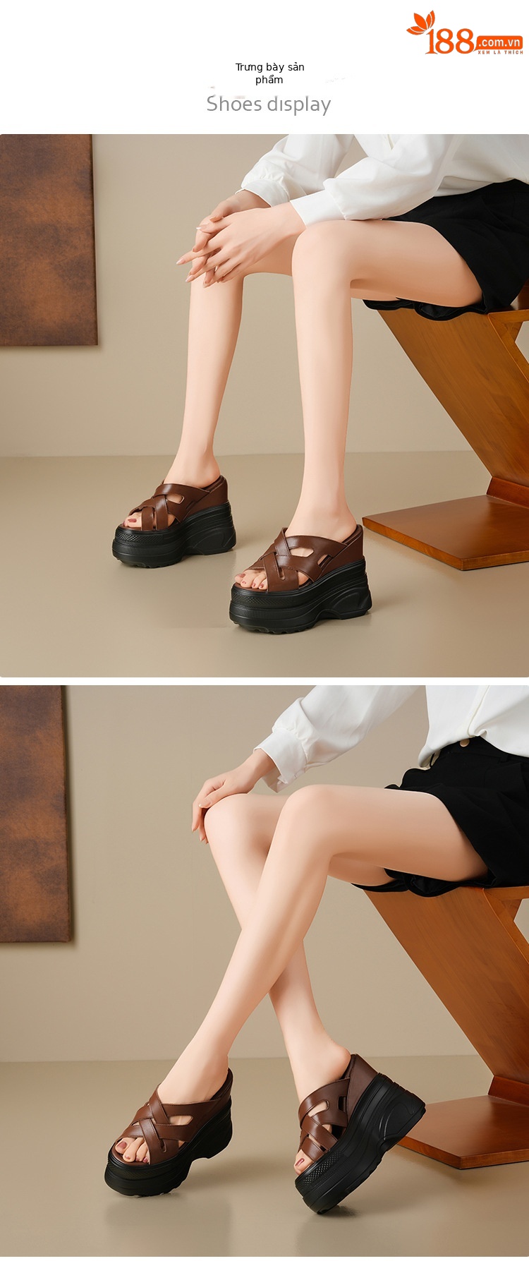Sandal đế xuồng cao gót 14 cm quai chéo hở mũi mùa hè — Màu nâu, Màu đen, Màu trắng chi tiết 5