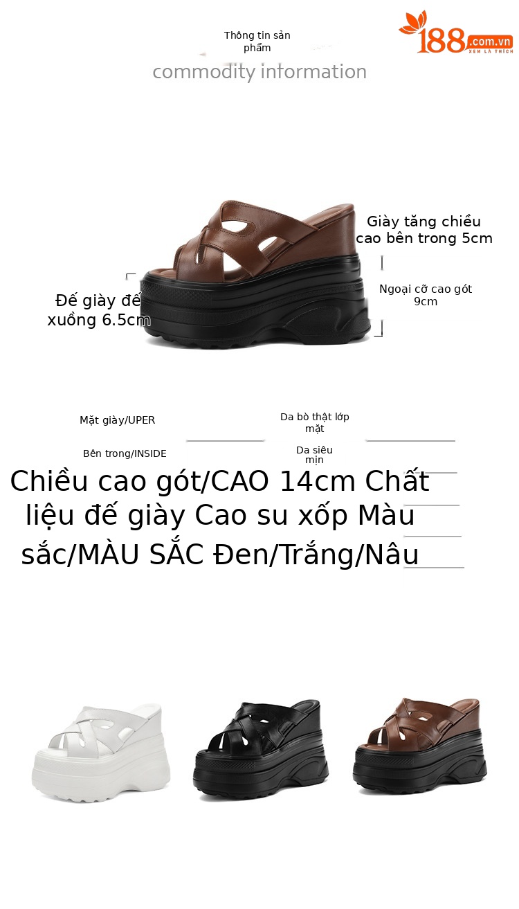 Sandal đế xuồng cao gót 14 cm quai chéo hở mũi mùa hè — Màu nâu, Màu đen, Màu trắng chi tiết 3