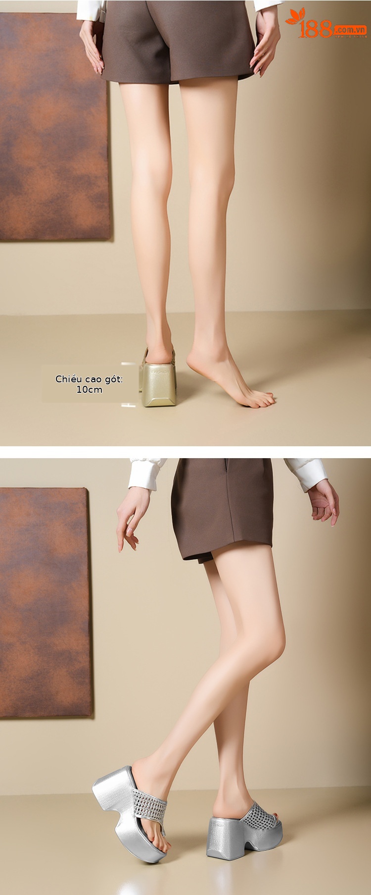 Dép tông nữ đế xuồng độn cao 10cm mùa hè 2025 kiểu xỏ ngón — Màu đen, Màu vàng nhạt, Màu trắng, Màu bạc chi tiết 7