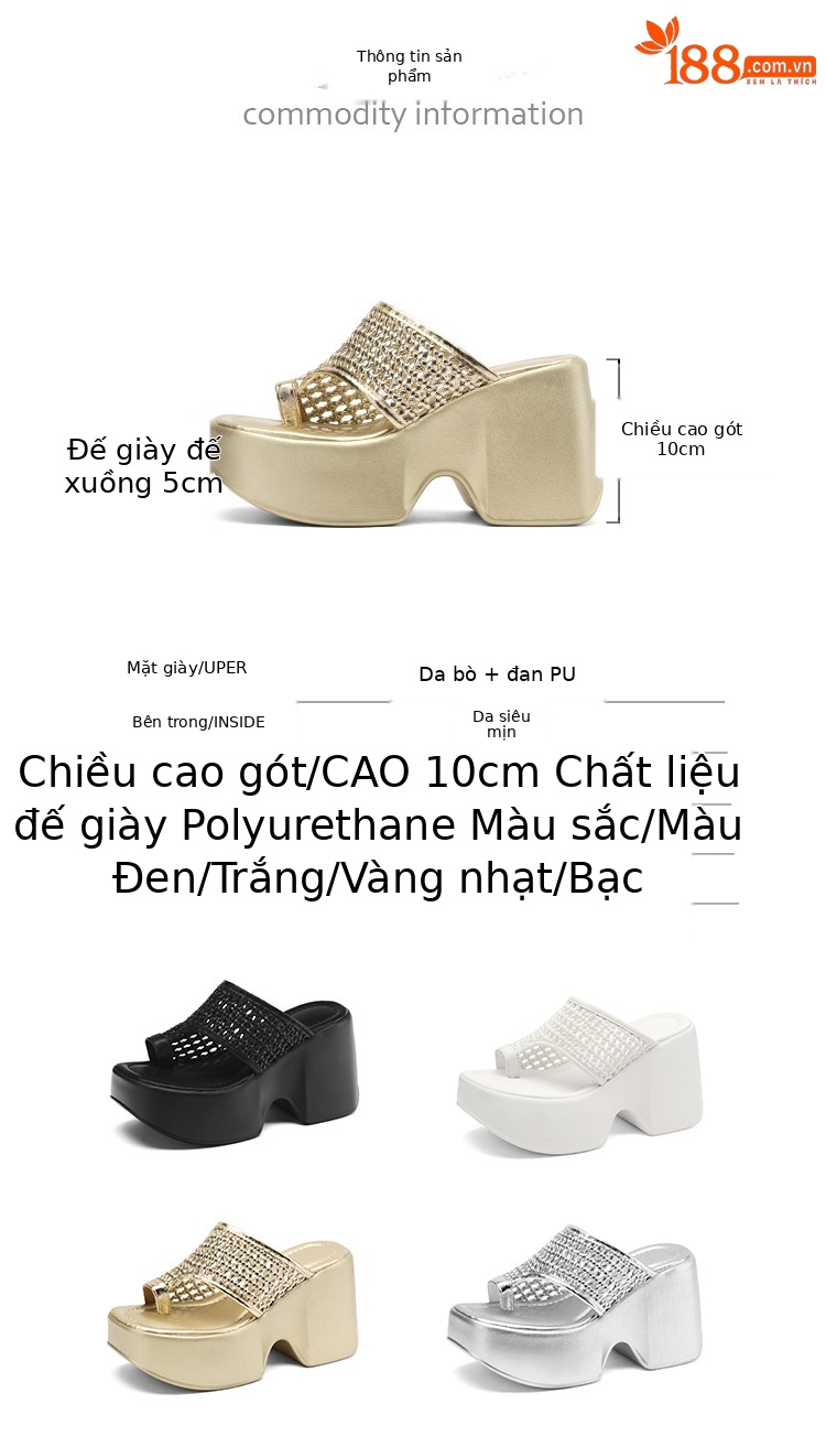 Dép tông nữ đế xuồng độn cao 10cm mùa hè 2025 kiểu xỏ ngón — Màu đen, Màu vàng nhạt, Màu trắng, Màu bạc chi tiết 3