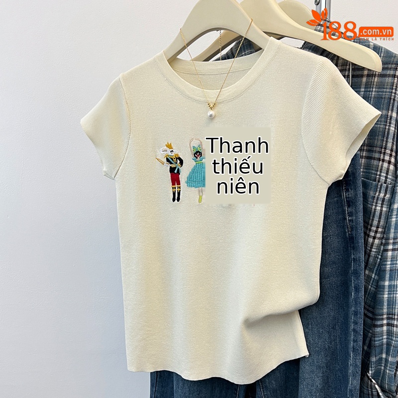 Áo thun nữ cổ tròn tay ngắn thêu họa tiết hoạt hình dáng rộng — đen chi tiết 6