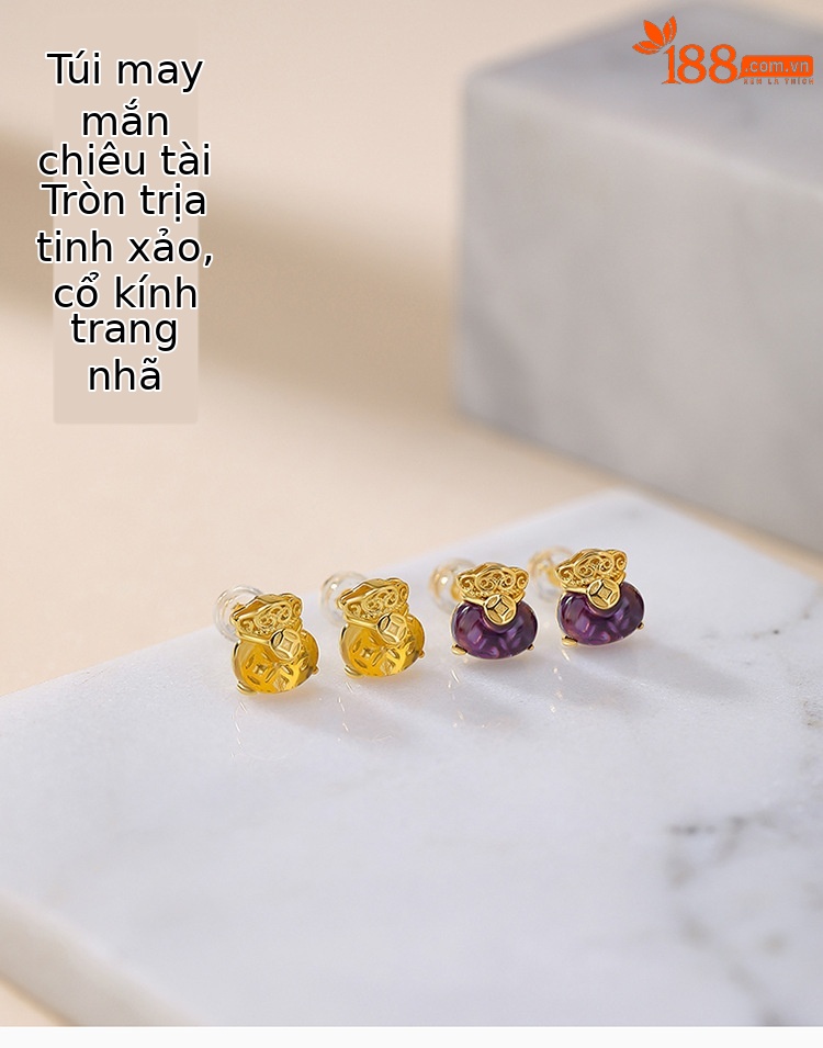 Bông tai bạc S925 đá tự nhiên hình túi tiền may mắn — Mô hình Citrine chi tiết 1