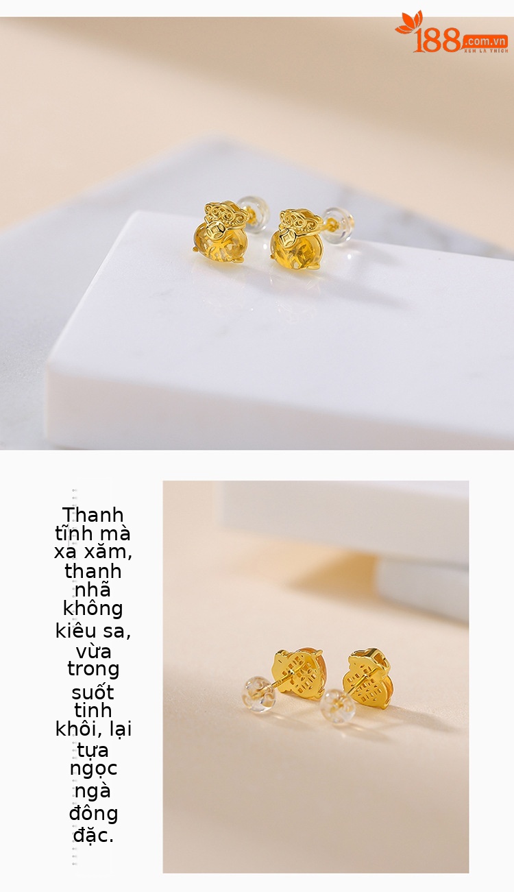 Bông tai bạc S925 đá tự nhiên hình túi tiền may mắn — Mô hình Citrine chi tiết 3