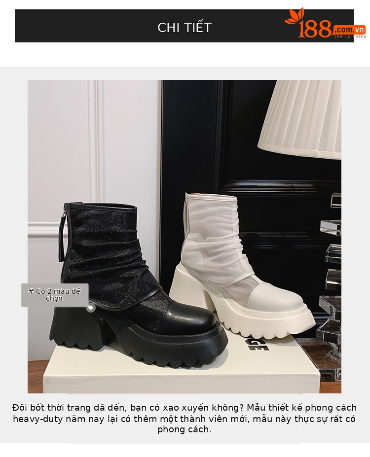 Boot lưới nữ cao gót 8cm đế dày phong cách Martin — Màu đen, Màu trắng chi tiết 3