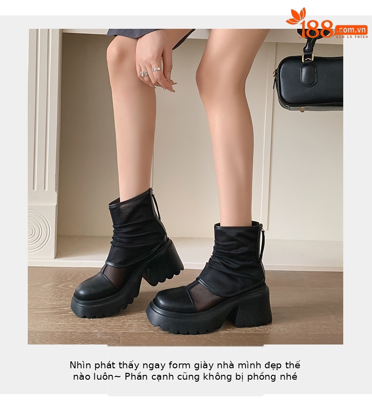 Boot lưới nữ cao gót 8cm đế dày phong cách Martin — Màu đen, Màu trắng chi tiết 5