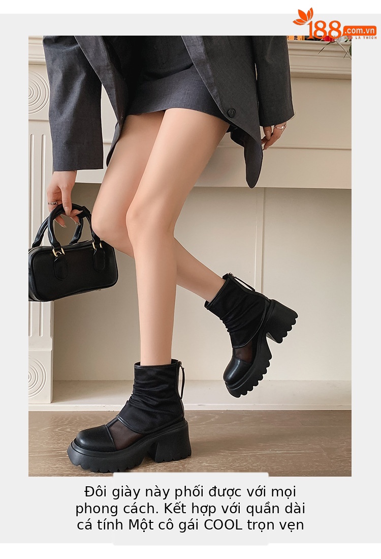 Boot lưới nữ cao gót 8cm đế dày phong cách Martin — Màu đen, Màu trắng chi tiết 8