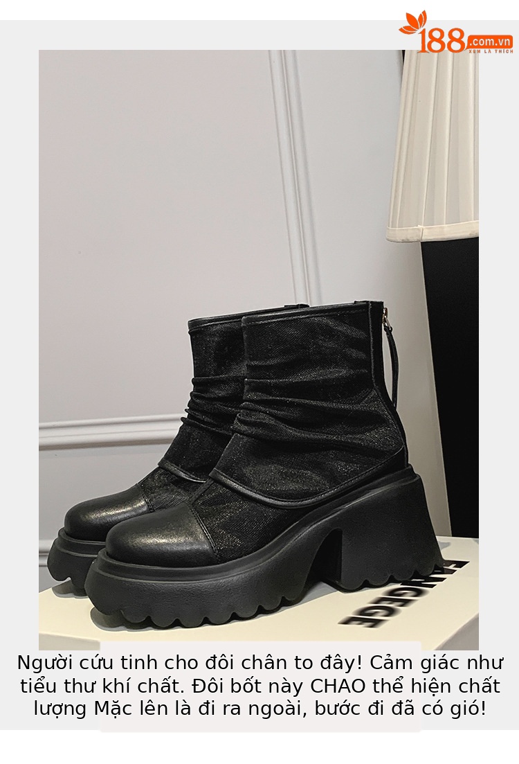 Boot lưới nữ cao gót 8cm đế dày phong cách Martin — Màu đen, Màu trắng chi tiết 9