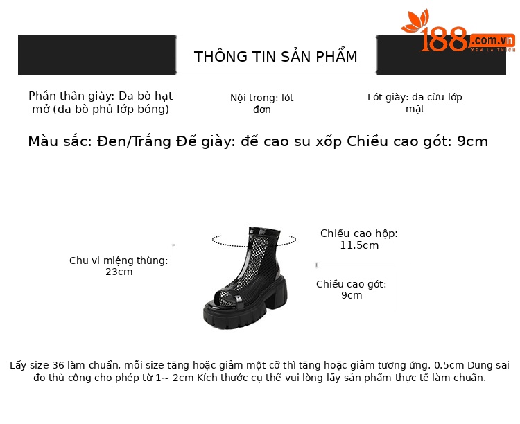 Giày sandal cao gót nữ mũi cá hở ngón, cổ cao lưới mỏng, gót vuông dày 9 cm, khóa kéo sau, đế xuồng thoáng khí — đen, trắng chi tiết 2
