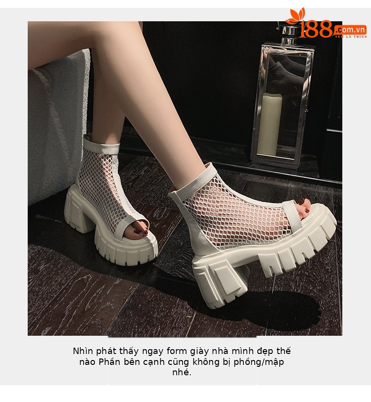 Giày sandal cao gót nữ mũi cá hở ngón, cổ cao lưới mỏng, gót vuông dày 9 cm, khóa kéo sau, đế xuồng thoáng khí — đen, trắng chi tiết 6