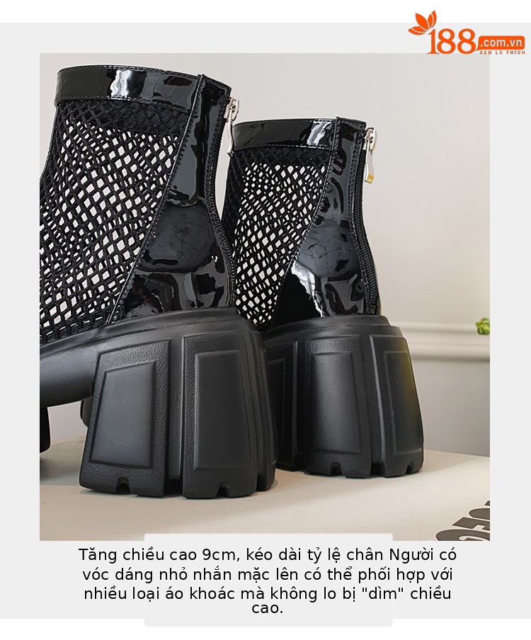 Giày sandal cao gót nữ mũi cá hở ngón, cổ cao lưới mỏng, gót vuông dày 9 cm, khóa kéo sau, đế xuồng thoáng khí — đen, trắng chi tiết 8
