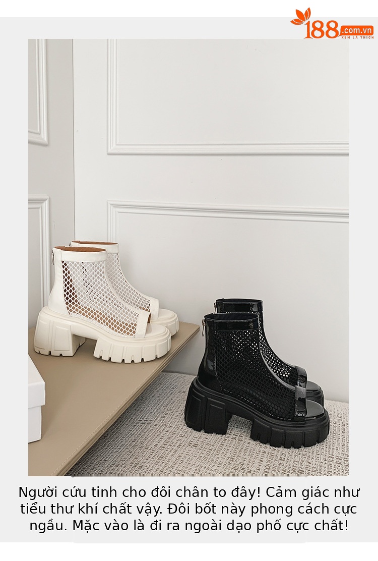 Giày sandal cao gót nữ mũi cá hở ngón, cổ cao lưới mỏng, gót vuông dày 9 cm, khóa kéo sau, đế xuồng thoáng khí — đen, trắng chi tiết 10