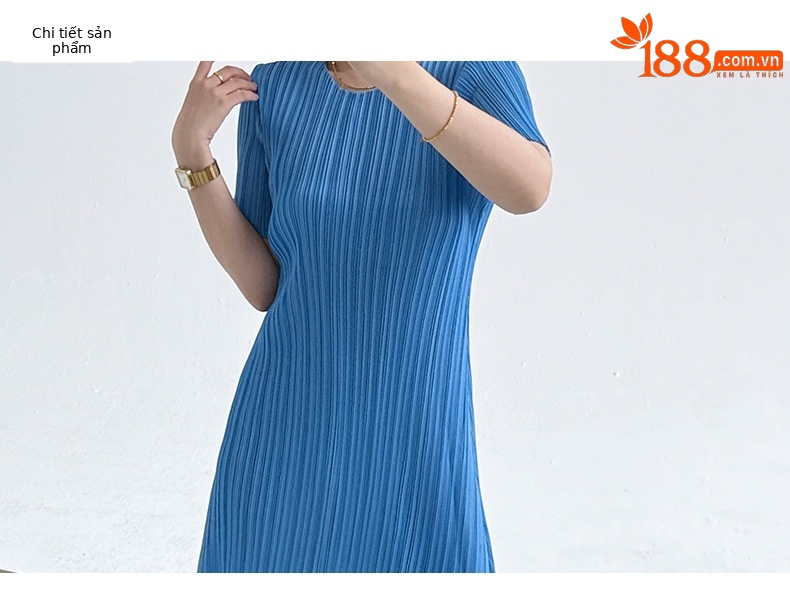 Váy maxi xếp ly đốt hoa tay ngắn phong cách Pháp — Màu xanh da trời chi tiết 3