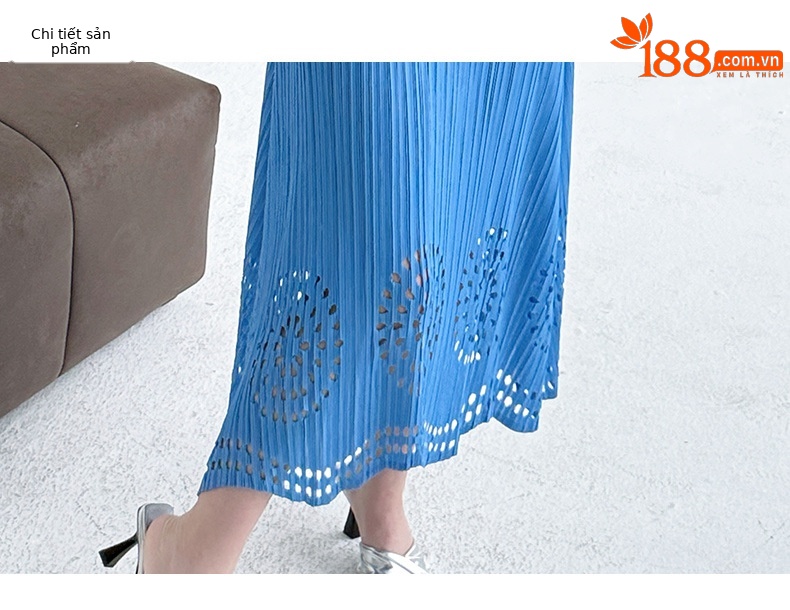 Váy maxi xếp ly đốt hoa tay ngắn phong cách Pháp — Màu xanh da trời chi tiết 4