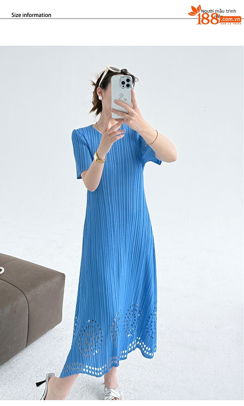 Váy maxi xếp ly đốt hoa tay ngắn phong cách Pháp — Màu xanh da trời chi tiết 5