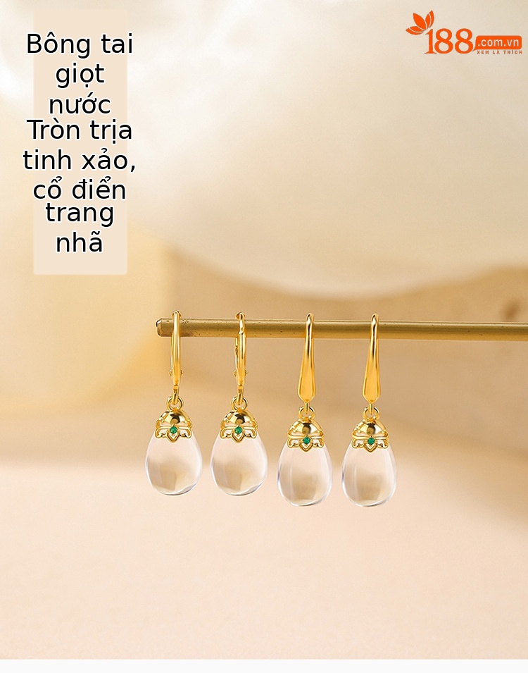 Bông tai bạc S925 đính pha lê tự nhiên giọt nước phẳng phong cách retro — Mẫu kẹp tai chi tiết 1