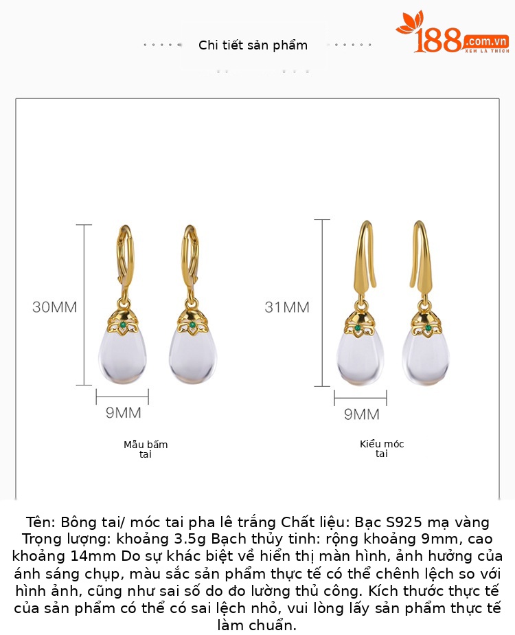 Bông tai bạc S925 đính pha lê tự nhiên giọt nước phẳng phong cách retro — Mẫu kẹp tai chi tiết 2