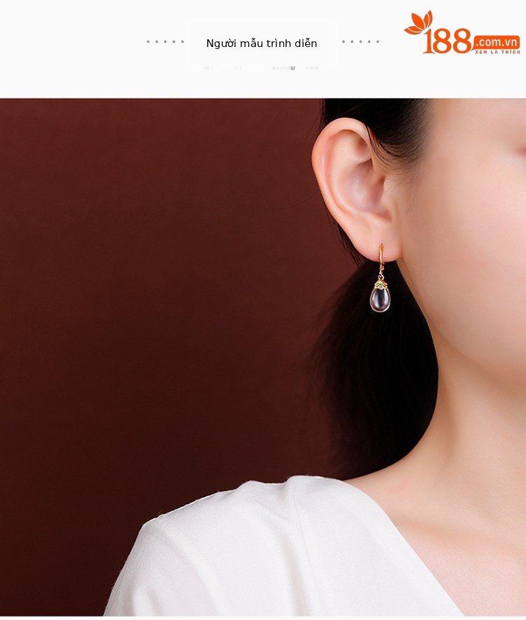 Bông tai bạc S925 đính pha lê tự nhiên giọt nước phẳng phong cách retro — Mẫu kẹp tai chi tiết 5