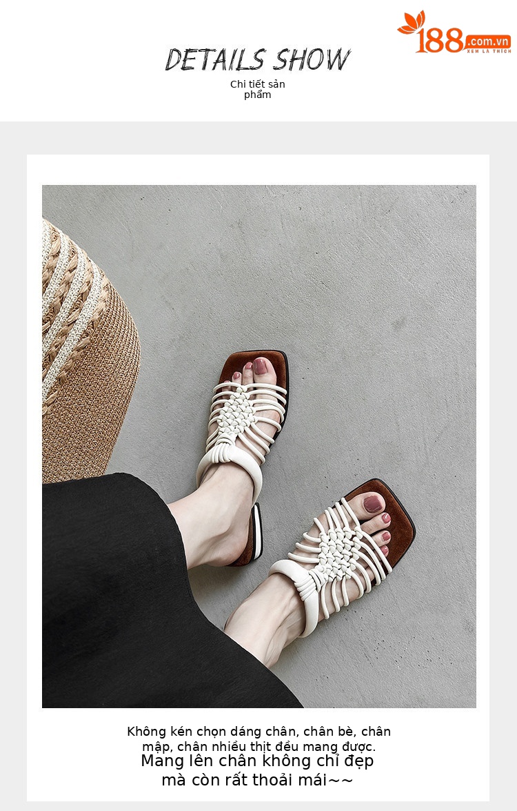 Dép sandal nữ quai chữ V đan tay thoáng khí, đế dày mềm chống trượt — màu be, bạc chi tiết 6