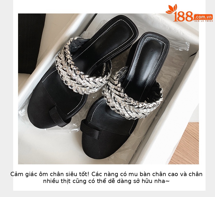 Dép xỏ ngón đế xuồng cao gót đính đá kiểu Pháp, hở mũi, dệt kim, mùa hè — Màu đen chi tiết 5