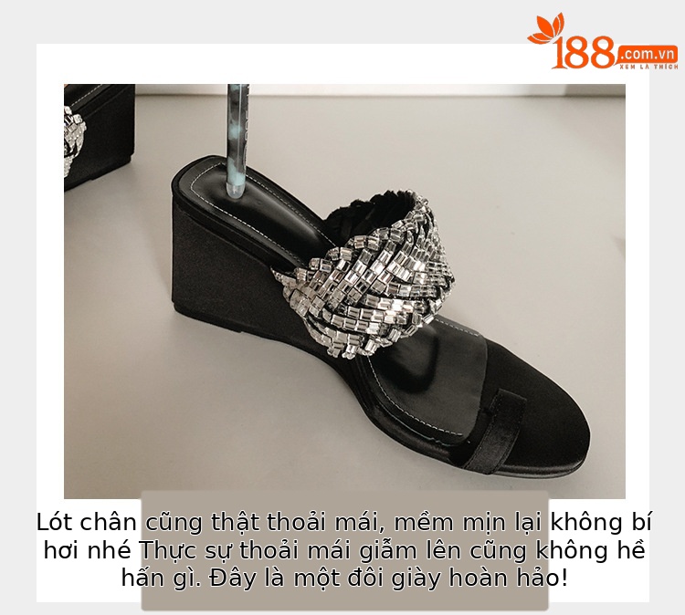 Dép xỏ ngón đế xuồng cao gót đính đá kiểu Pháp, hở mũi, dệt kim, mùa hè — Màu đen chi tiết 6