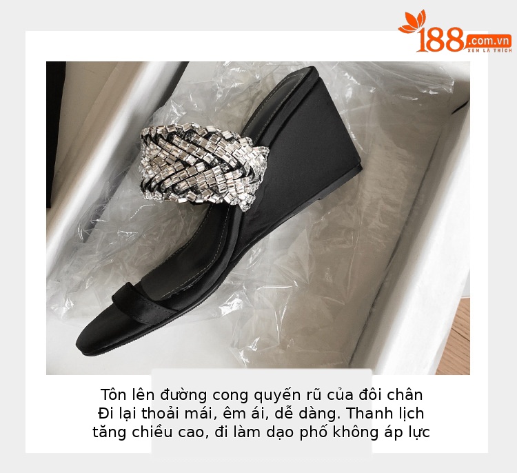 Dép xỏ ngón đế xuồng cao gót đính đá kiểu Pháp, hở mũi, dệt kim, mùa hè — Màu đen chi tiết 7