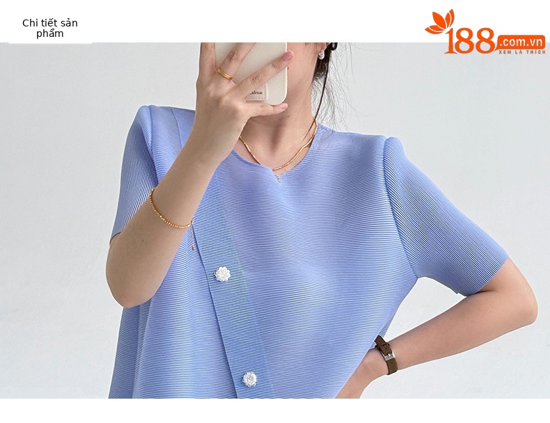Áo phông nữ cổ tròn tay ngắn thiết kế đường khâu không quy tắc dáng rộng — Màu xanh lam nhạt chi tiết 3