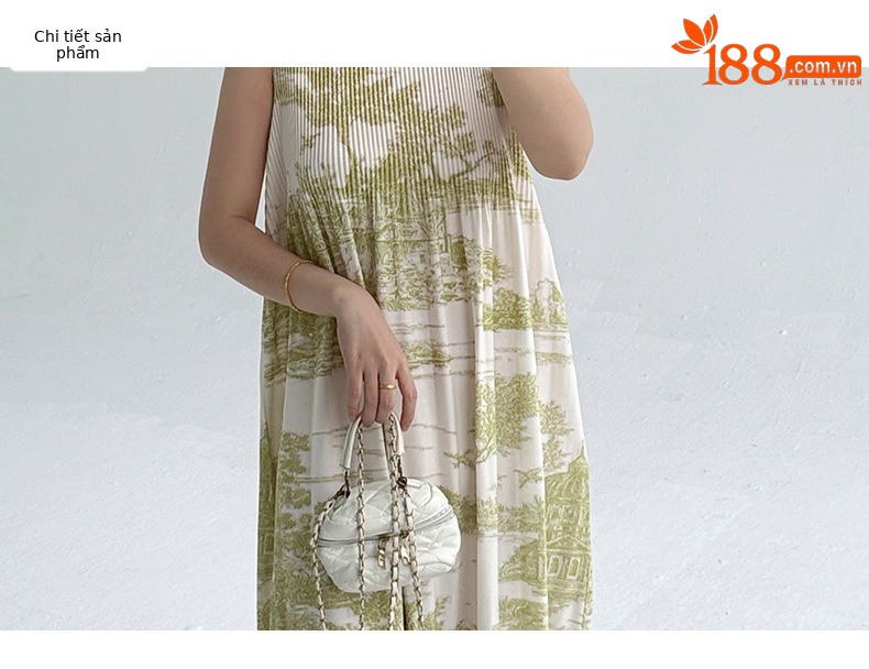 Váy maxi nữ in hoa sứ trắng xanh thắt eo phong cách Trung Quốc — Màu sâm panh chi tiết 3