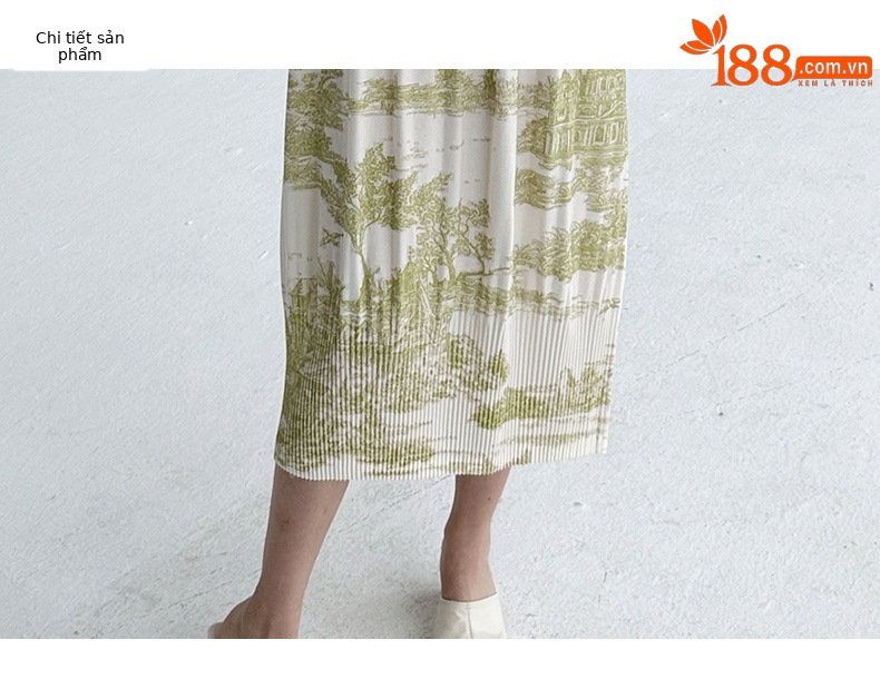 Váy maxi nữ in hoa sứ trắng xanh thắt eo phong cách Trung Quốc — Màu sâm panh chi tiết 4