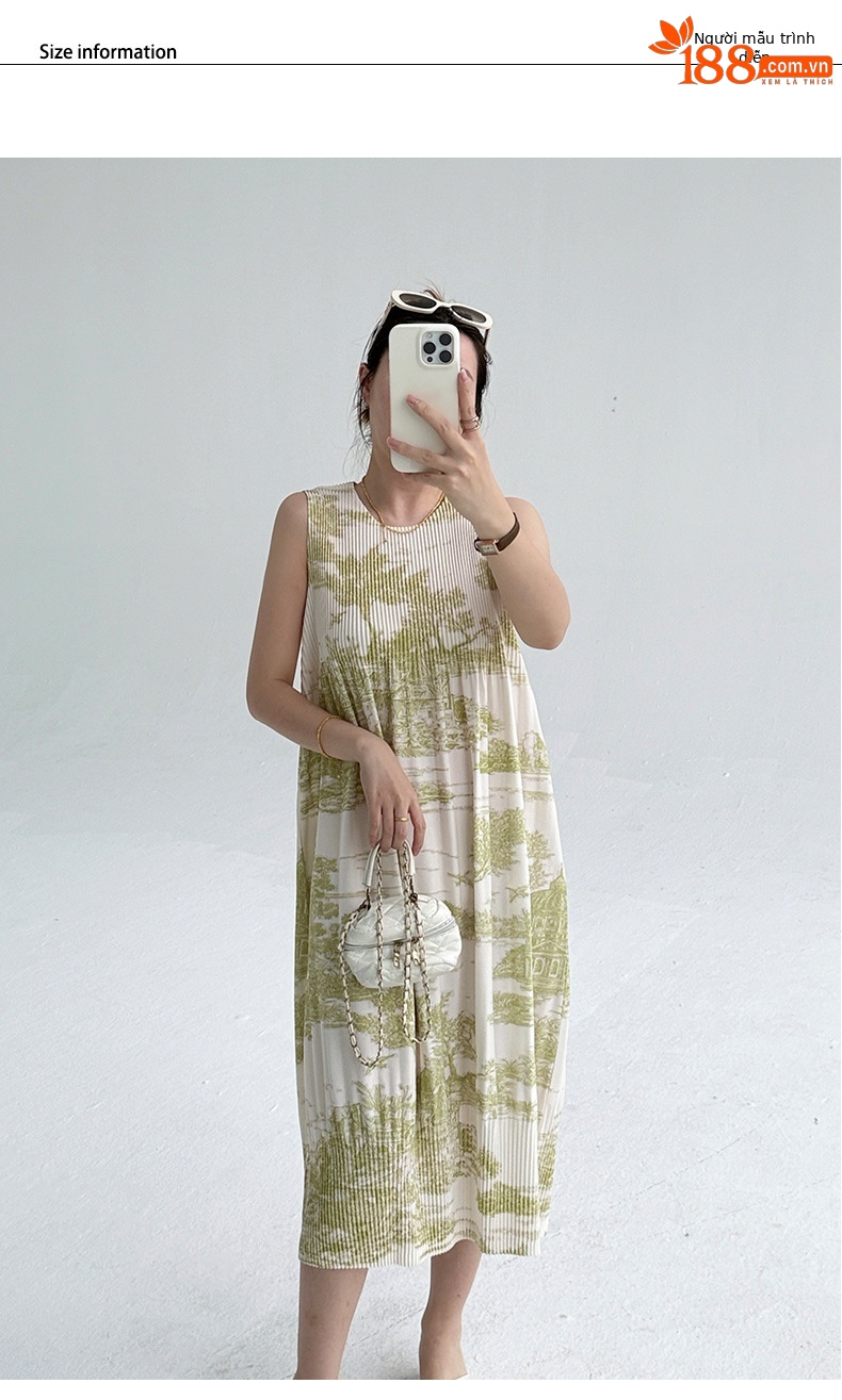 Váy maxi nữ in hoa sứ trắng xanh thắt eo phong cách Trung Quốc — Màu sâm panh chi tiết 6