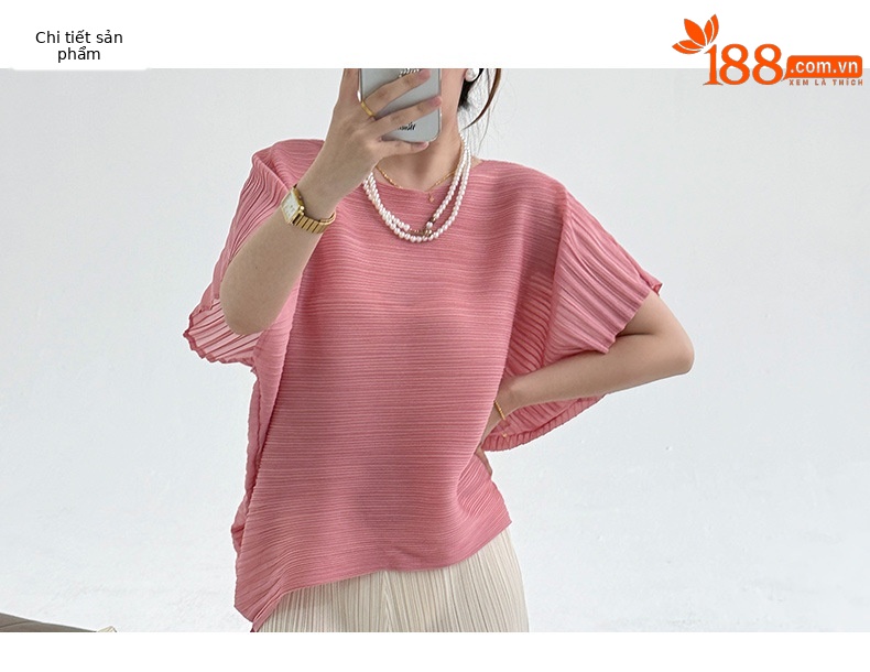Áo thun nữ dáng rộng cổ tròn tay cánh dơi xếp ly lãng mạn kiểu Pháp — màu xanh nhạt chi tiết 4