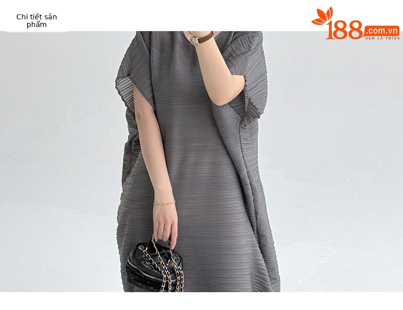 Váy maxi xếp ly cổ tròn tôn dáng mùa hè — Màu đen chi tiết 3