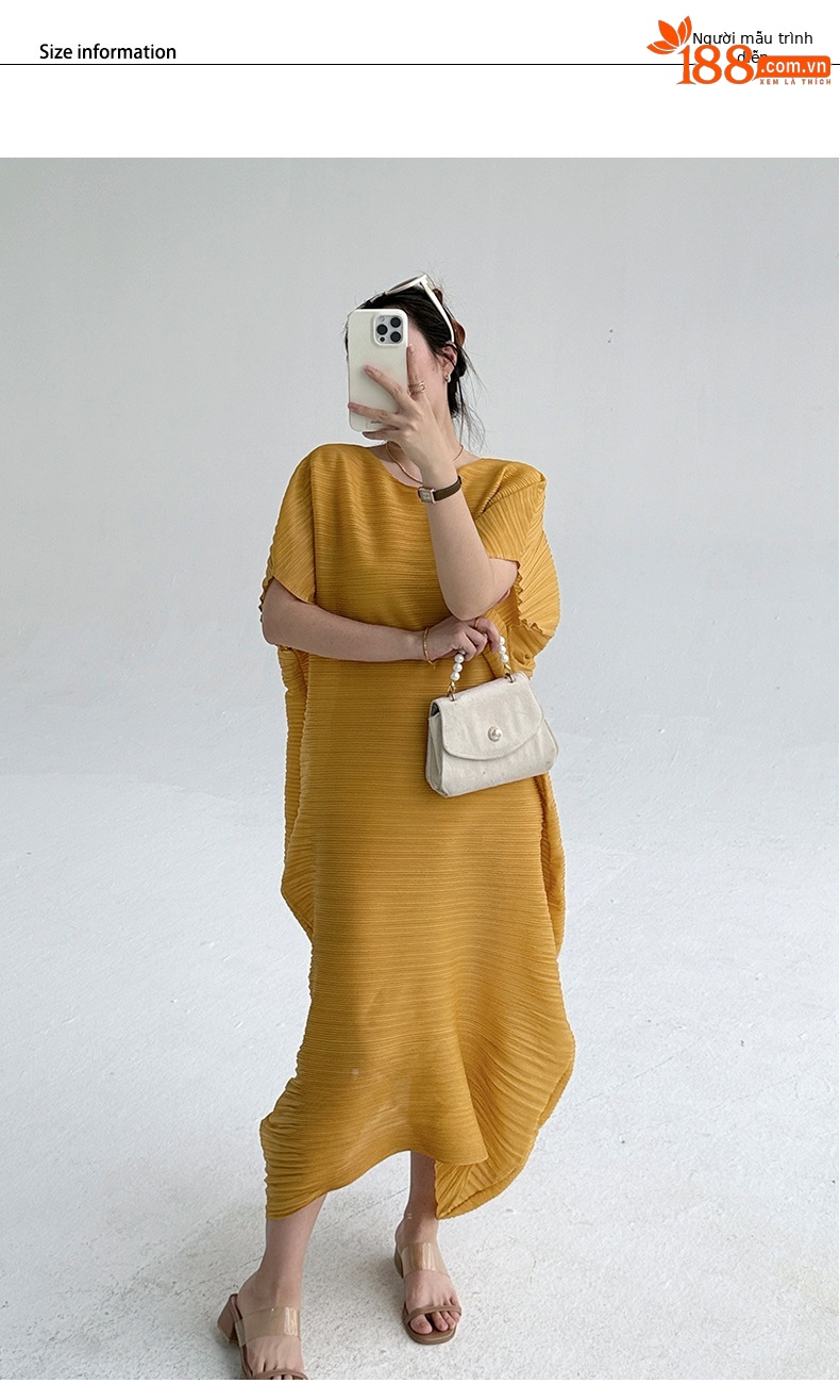 Váy maxi xếp ly cổ tròn tôn dáng mùa hè — Màu đen chi tiết 5