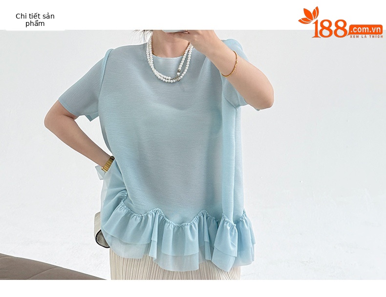 Áo thun tay ngắn cổ tròn bèo nhún nữ tính — màu xanh nhạt chi tiết 3