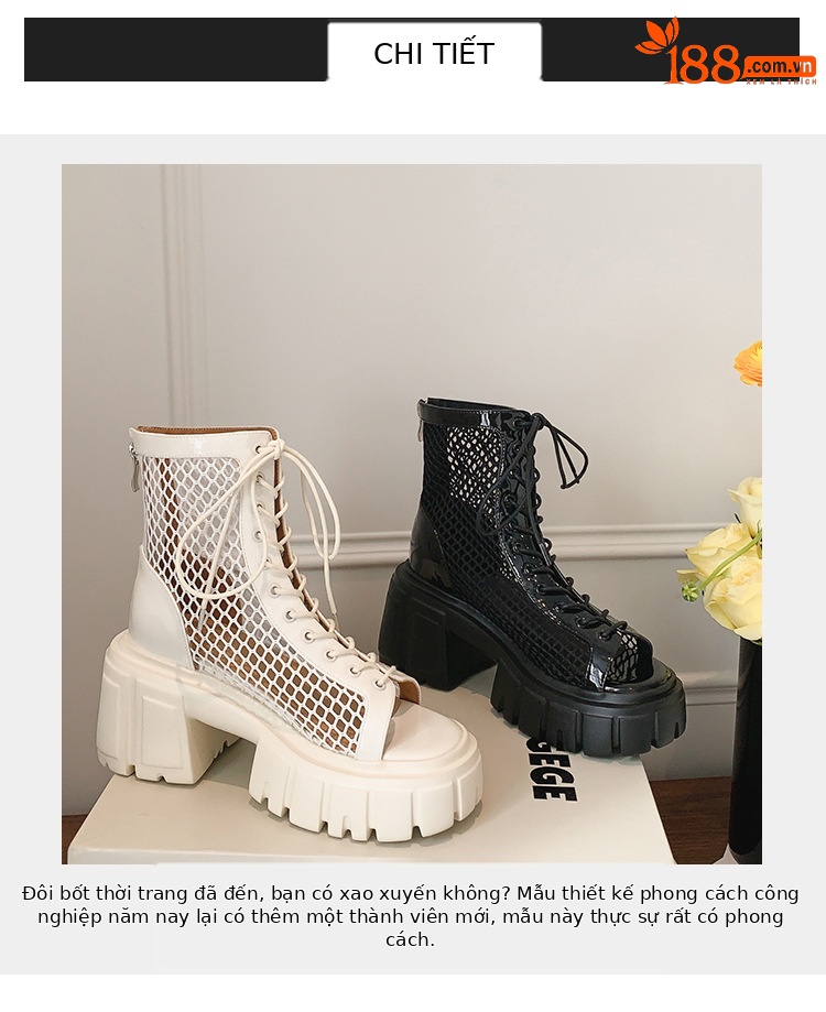 Boot lưới hở mũi nữ đế dày da thật dây thắt Martin 2025 — Màu đen, Màu trắng chi tiết 3