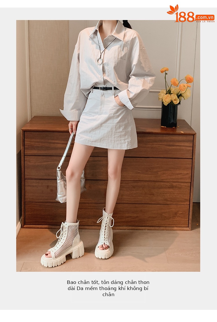 Boot lưới hở mũi nữ đế dày da thật dây thắt Martin 2025 — Màu đen, Màu trắng chi tiết 4