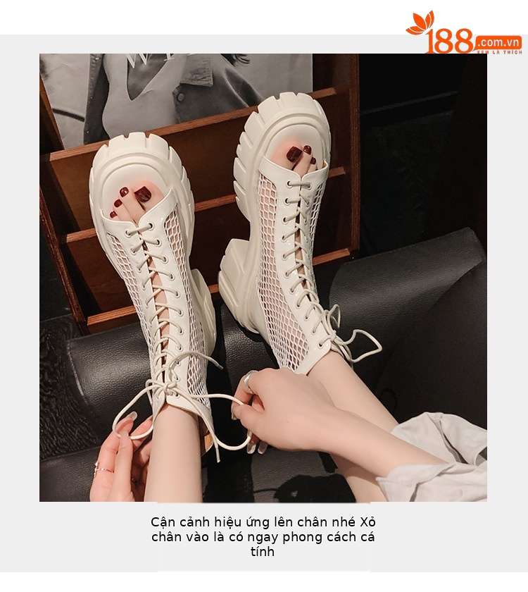 Boot lưới hở mũi nữ đế dày da thật dây thắt Martin 2025 — Màu đen, Màu trắng chi tiết 6