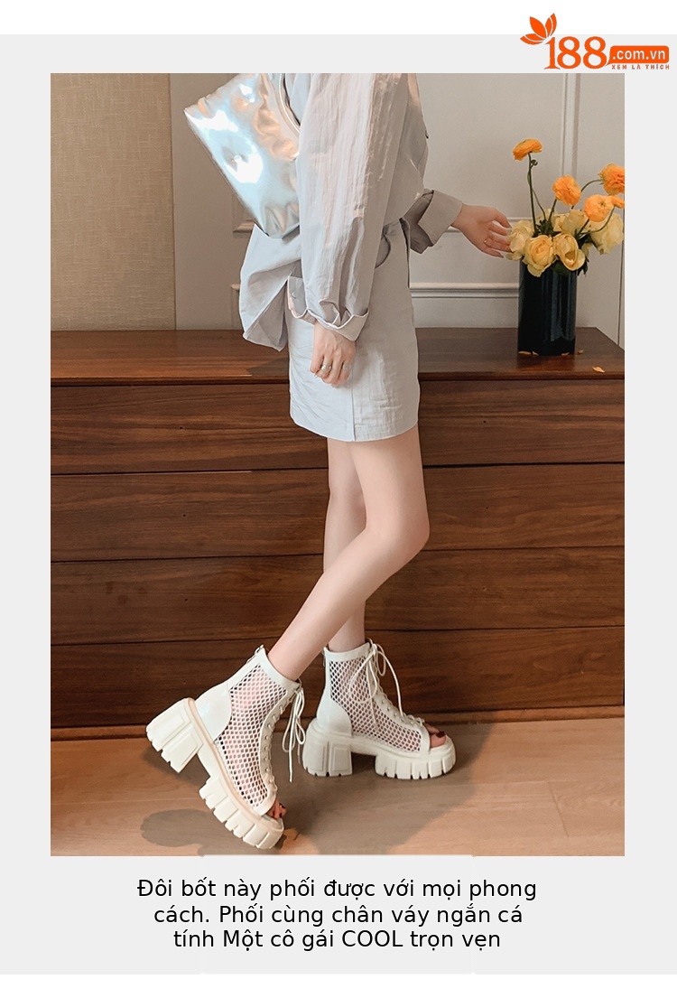 Boot lưới hở mũi nữ đế dày da thật dây thắt Martin 2025 — Màu đen, Màu trắng chi tiết 8
